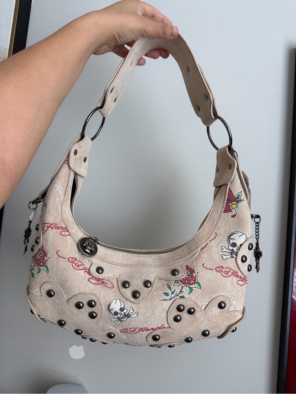 Ed Hardy Beige Studded Shoulder Bag with Skull & Rose Motif